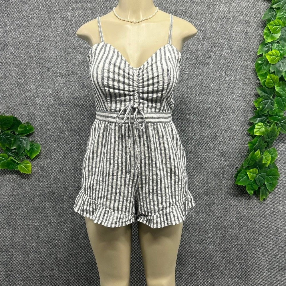 American Eagle Gray & White Striped Ruched Romper